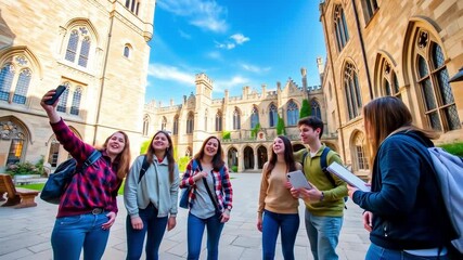 A cheerful group of friends poses smiling at a college campus courtyard during a sunny day exploring old stone buildings and enjoying their time together