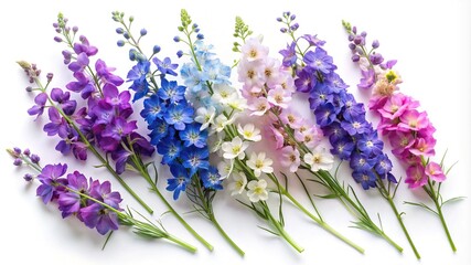 Fototapeta premium Beautiful display of colorful delphinium flowers in a row on white background