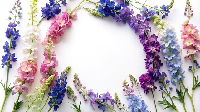 Floral arrangement with colorful delphiniums on a white background perfect for invitations - Powered by Adobe