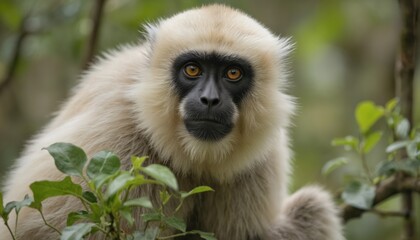 Obraz premium Close-up portrait of gibbon monkey in green forest. Primate light fur, dark face, bright amber eyes. Telephoto lens captures intimate moment of wild animal in natural habitat, suitable for calming