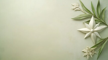Elegant light beige background with sculpted white flowers and leaves