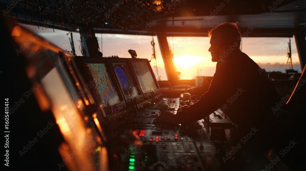 Poster an image of a ships bridge at sunset showing a captain engaging with an advanced gmdss equipment pan