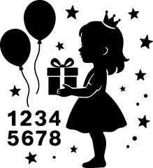 Silhouette of a happy young girl wearing a crown holding a gift box with balloons and stars celebrating a birthday party event