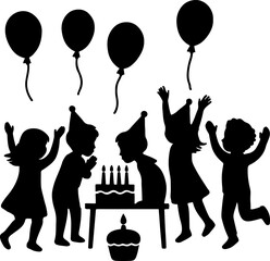 Joyful silhouettes of diverse children celebrating a birthday party with balloons and a cake