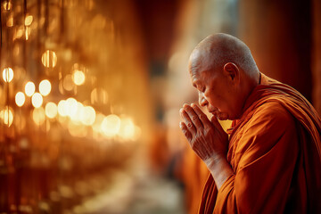 An elderly Buddhist monk is seen praying with closed eyes under soft golden temple lights. The warm ambiance evokes serenity and spiritual connection, ideal for meditation concepts.