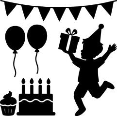 Joyful silhouette of a child in a party hat holding a gift box surrounded by balloons birthday cake and bunting flags
