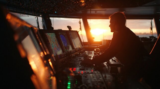 An image of a ships bridge at sunset showing a captain engaging with an advanced GMDSS equipment panel with a variety of flashing lights and digital displays indicating successful distress