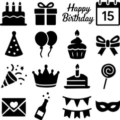 Collection of black silhouette icons representing birthday celebration elements including cakes balloons party hats gifts and decorations