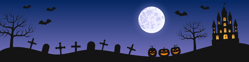 Halloween scary vector horizontal background. Illustration of creepy cemetery and haunted house at night. Background with moon, bats and pumpkins.