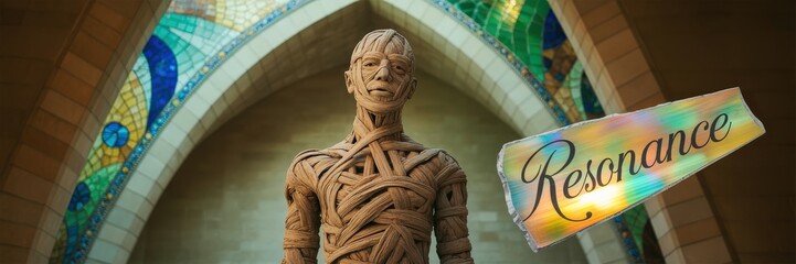 Humanoid figure made of wood in architectural setting