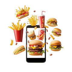 Fast food feast emerging from a smartphone screen isolated on transparent background