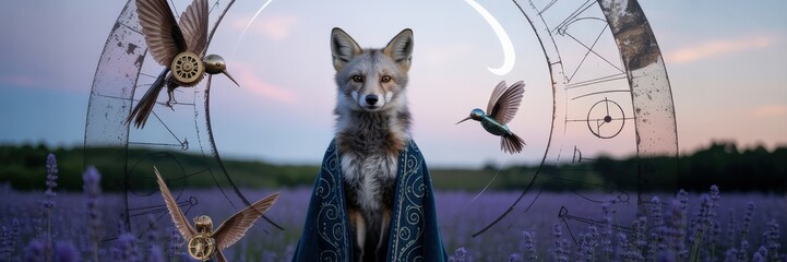 Silver fox in ornate jacket with mystical geometric elements