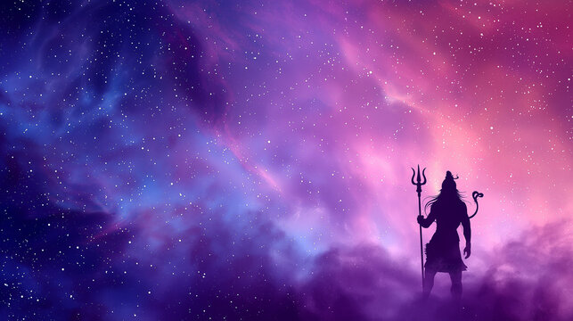 Epic fantasy warrior holding trident weapon stands dramatically against swirling purple and pink cosmic clouds creating powerful mythological atmosphere with copy space for design - Powered by Adobe
