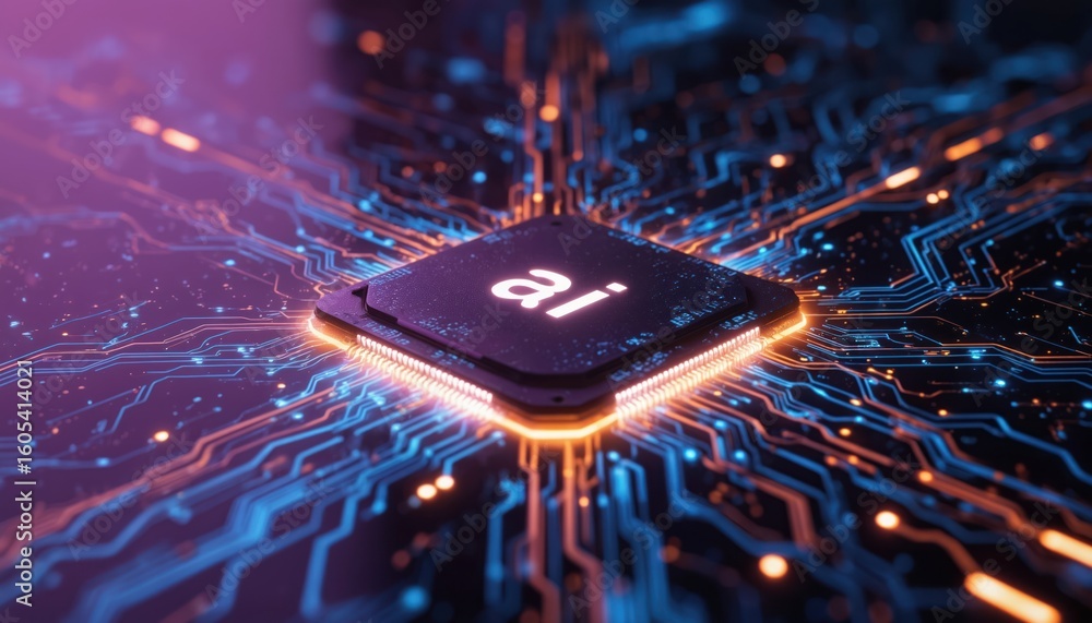 Poster central computer chip displaying ai letters on circuit board. neon blue and orange light traces conn