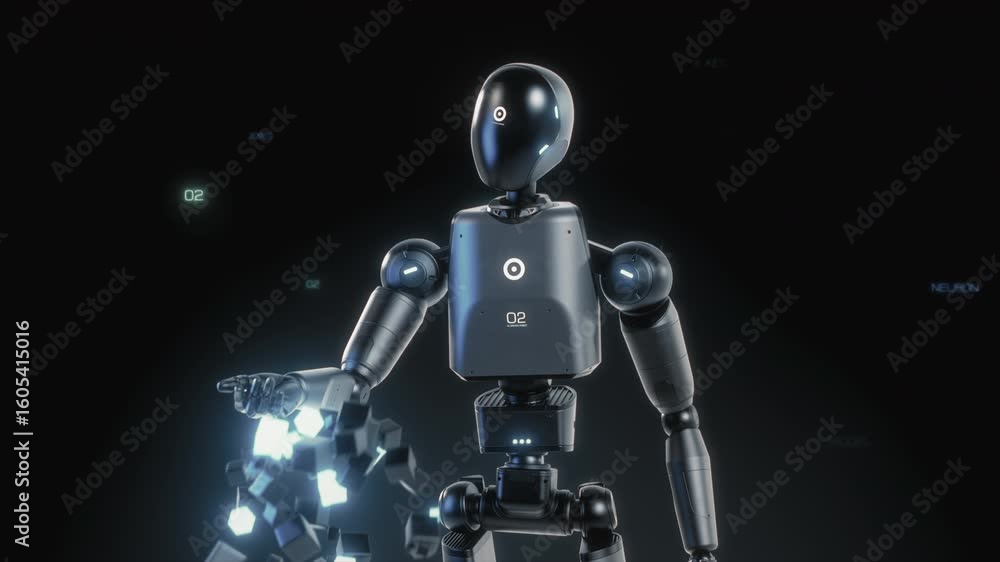 Poster visualization of advanced humanoid robot interacting with hologram of digital cubes, showcasing digi
