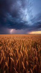 Lightning storm striking over golden wheat field under dramatic thunderclouds and moody evening sky