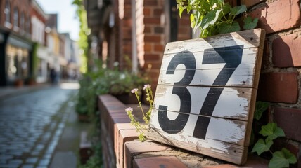 Weathered wooden house number sign on brick wall