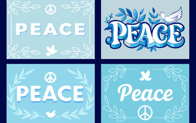 Assorted peaceful "Peace" text with doves, olive branches, symbols, and soft colors ideal for wellness, mindfulness, or humanitarian design