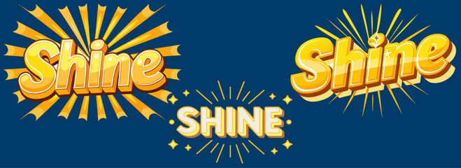 Collection of vibrant "Shine" text styles with bursts and sparkles on dark background, ideal for titles, intros, or visual design elements