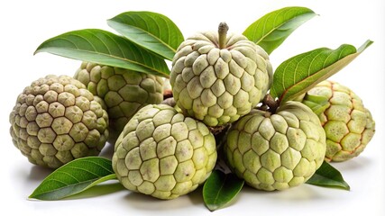 Fototapeta premium Fresh and Delicious Sugar Apples Arranged with Vibrant Green Leaves on White Background