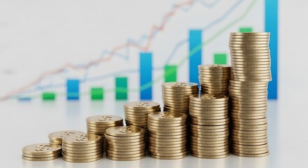 Gold coins stacked in ascending columns against a background of financial graphs.