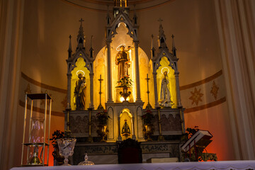 Ornate altar in the Brazilian Catholic church of Sao Jose in the city of Lins, Sao Paulo state,...