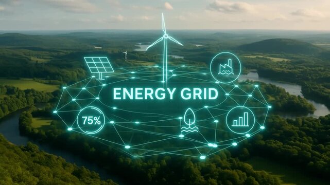 Digital Energy Grid Network Visualized with Renewable Icons Over Forest Landscape