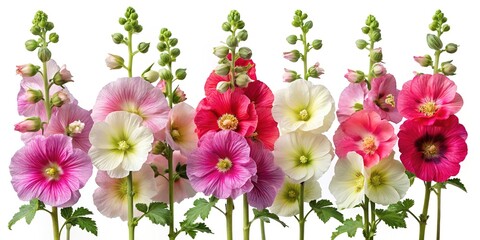Elegant display of colorful Hollyhock flowers in full bloom on white background