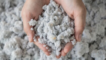 Hands hold fluffy gray cellulose insulation, made from recycled paper. Eco-friendly material offers thermal efficiency for construction. Features specks of color from additives, promoting sustainable