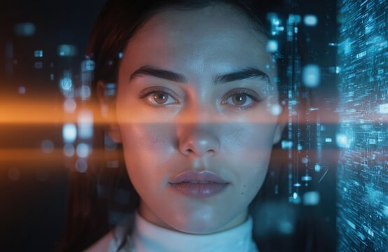 Close-up of woman face reflecting digital matrix data. AI future, cybersecurity, data protection, hackers, deepfakes, cybercrime themes. Orange and blue light effects.