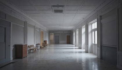 Obraz premium Deserted government building hallway shows closed office doors, empty rooms. Concept of political crisis, bureaucratic standstill, public service disruption. Dim lighting through windows enhances