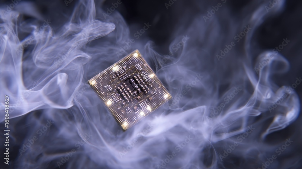 Poster advanced microchip technology highlighted by a neuromorphic chiplet suspended in swirling nitrogen f