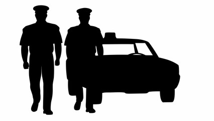 Silhouette of two taxi drivers standing next to a taxi cab on a white background in a simple design