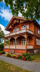 Obraz premium A charming, ornately decorated, wooden house with flower beds