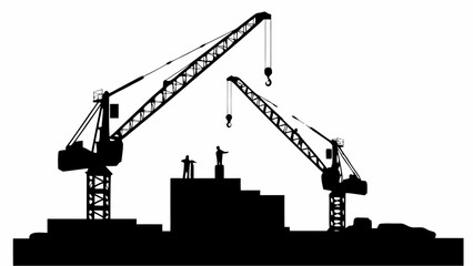 Silhouette of construction site with two cranes and two workers on a building under construction project