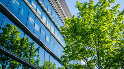 A modern office building is framed by lush green trees, symbolizing business success.