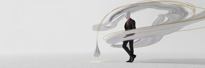 Businessman surrounded by swirling colorful ribbon