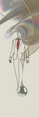 Businessman in suit standing beneath swirling rainbow geometric forms