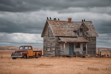 An old weathered house stands solitary in an open field, accompanied by a vintage truck. Crows gather on the roof against a moody sky, capturing the essence of dark country western ambiance