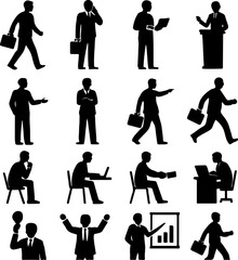 Collection of silhouetted businessmen in various poses demonstrating professional activities and corporate lifestyle on a white background