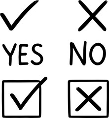 Hand drawn checkmark and cross symbols with the words yes and no indicating a choice or decision on a white background
