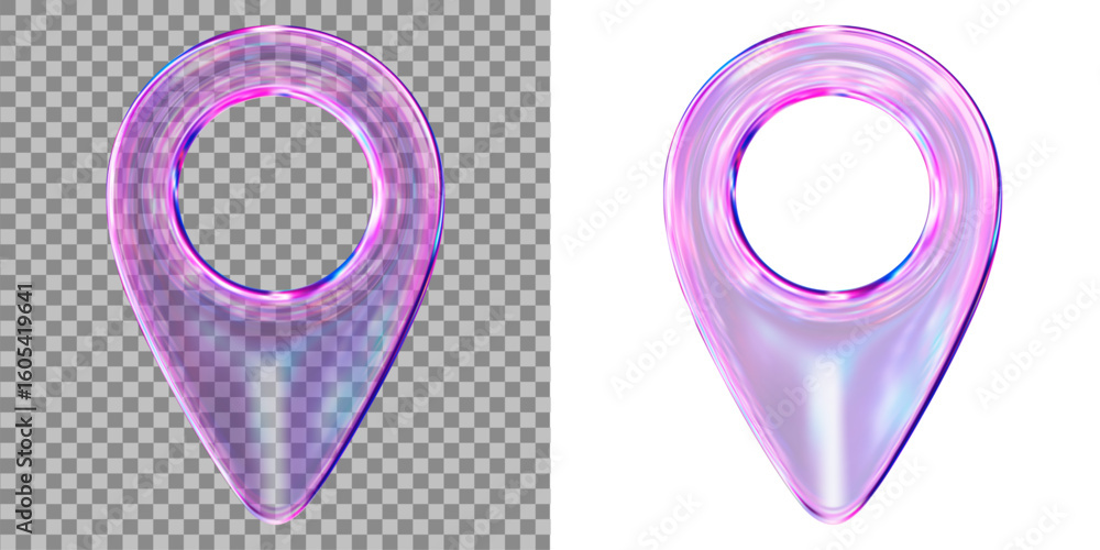 Poster 3d glass transparent holographic map location pointer. pin code icon of the geolocation map. y2k sty