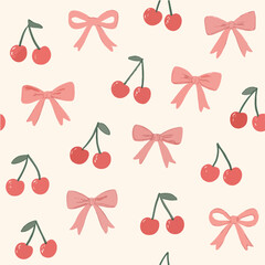 Charming seamless pattern featuring delicate pink bows and ripe red cherries scattered across a soft cream background creating a sweet and playful design