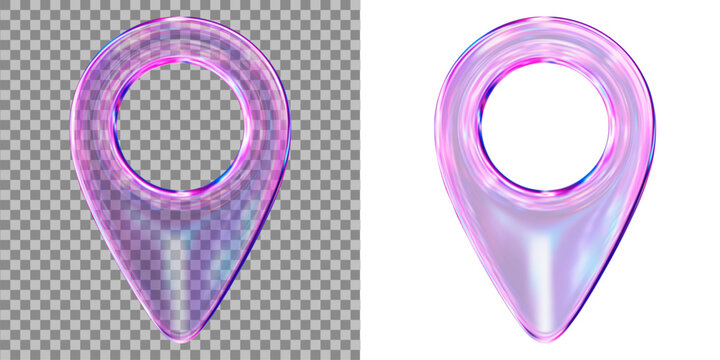 3d glass transparent holographic map location pointer. Pin code icon of the geolocation map. Y2k style. Stock vector illustration on isolated background.