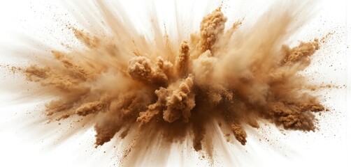 Brown sand dust explosion captured mid-air. Golden sand burst creates a dynamic wave with fine particles flying. Isolated on a clean white background for versatile overlay use.
