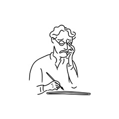 Line drawing of a man with glasses holding a pen and touching his face while looking at a document