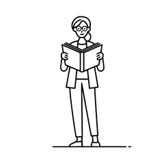 Line drawing of a woman with glasses reading a book while standing in a simple outlined illustration