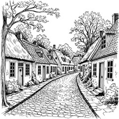 Village street with small houses, cobblestone road, and trees, monochrome sketch with hand-drawn style