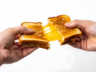 Grilled  Cheese sandwich, Hands pull apart a golden brown grilled cheese sandwich, revealing a long, stretchy, melted cheese pull against a white background.