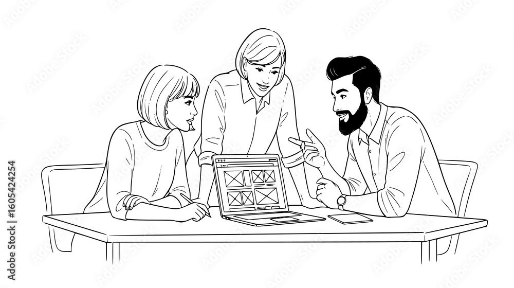 Poster three colleagues collaborating on a project, discussing ideas and strategy using a laptop